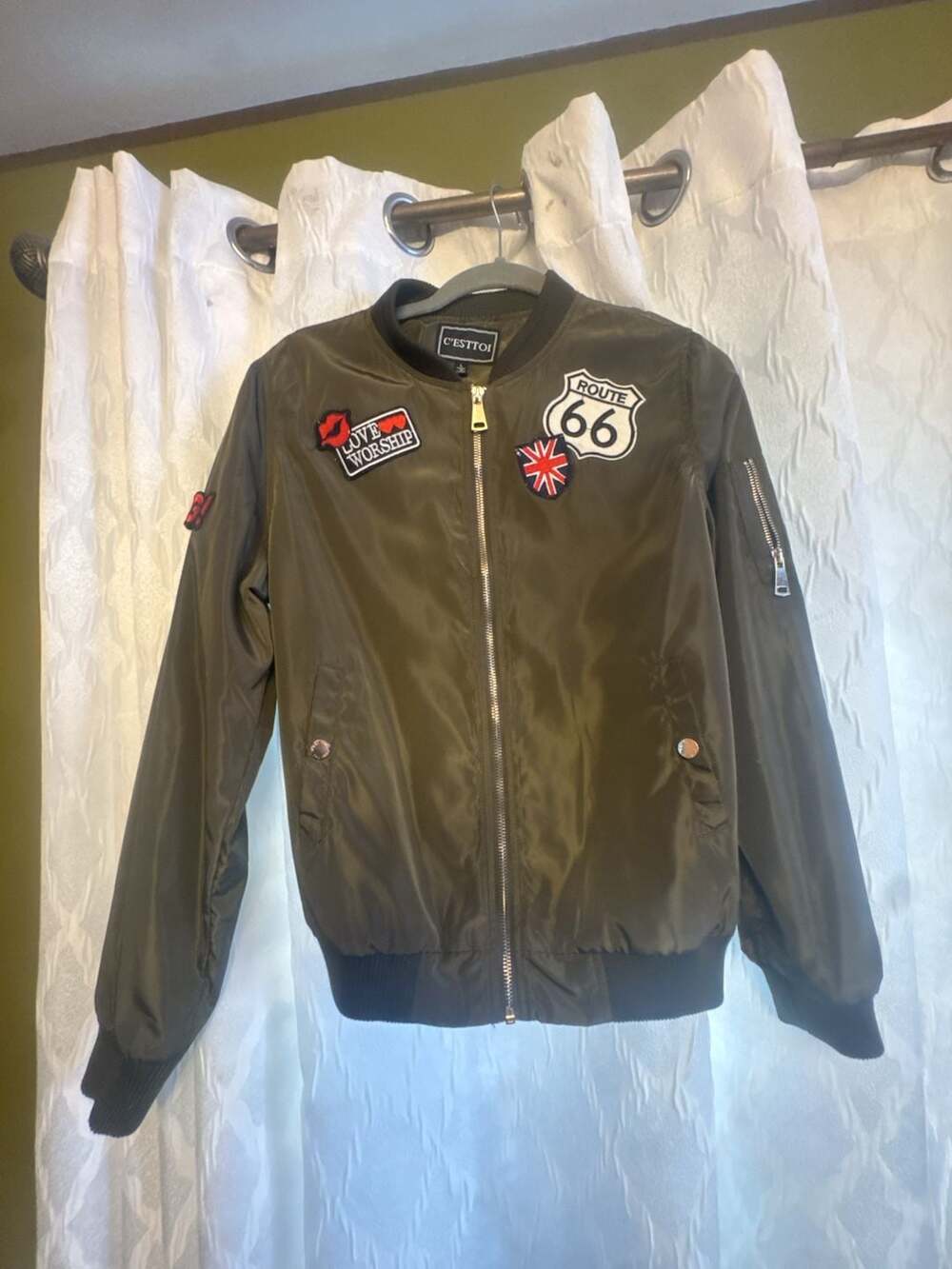 C'esttoi Olive Green Patched Bomber Jacket